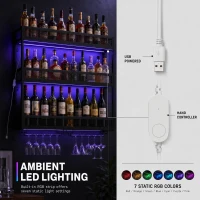 HOMCOM Wall-Mounted Wine Rack with LED Lights, Glass Holders, Open Shelf, Metal Storage Rack, Black(m-5)