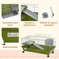 PawHut Jaula para Animales Pequeños con Ruedas Botella Comedero Dispensador de Heno para Conejos y Cobayas 89x44x43 cm Verde(m-6)