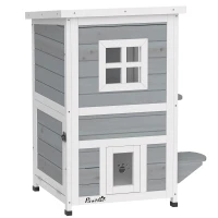 PawHut Maisonnette pour chats sur 2 étages en bois intérieur et extérieur toit rabattable 51 x 51 x 81,3 cm blanc et gris(m-13)