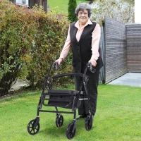 HOMCOM Cadru de mers pliabil pentru vârstnici cu șezut și 4 roți mâner ergonomic reglabil pe înălțime frâne cu levier coș negru(m-2)
