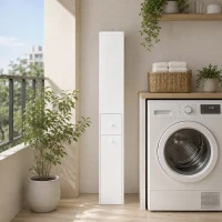 HOMCOM Dulap Baie Slim cu Organizator Glisant pe Roți, Sertar și Raft Reglabil, MDF, 18 x 40 x 135 Cm, Alb(m-8)