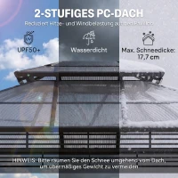 Outsunny Tuinpaviljoen ca. 3,6x3m Aluminium Paviljoen met 6 mm Polycarbonaat Dubbel Dak Muggennet 4 Zijpanelen Donkergrijs(m-4)