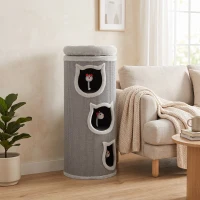 PawHut Tonneau à gratter, tour à griffer en sisal et bord en peluche, 3 niveaux avec plate-forme, stable, Ø 38 x 96 cm gris(m-2)