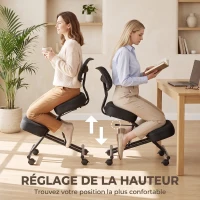 HOMCOM Chaise à Genoux Ergonomique avec Dossier, Siège Assis Genoux Réglable en PU sur Roulettes, Noir(m-6)