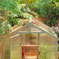 Outsunny 6.6 x 6ft Polycarbonate Greenhouse, Walk-in Wooden Greenhouse with Lockable Door and Window, Garden Plants Grow House, Brown(m-20)