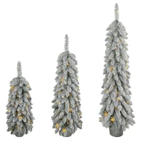 HOMCOM Set de 3 árboles de Navidad artificiales nevados, preiluminados con puntas de ramas de PVC y luces LED blanco cálido(m-1)