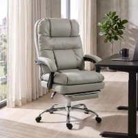 HOMCOM Cadeira de Escritório Ergonómica em PU com Molas Ensacadas, Reclinável 155°, Encosto Alto, Apoio de Cabeça, Cinzento-Claro(m-2)