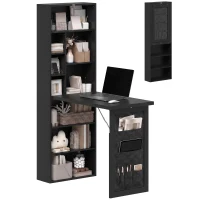HOMCOM Klappbarer Schreibtisch mit Regal, verstellbarem Regal und Organisations-Tasche für kleine Räume 98x51x153 cm Schwarz(m-8)