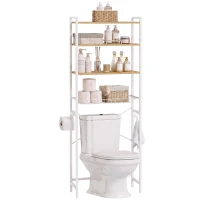 HOMCOM Meuble au-dessus du WC 3 niveaux avec porte-rouleau étagères réglables panier extractible et crochets chêne(m-7)