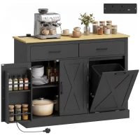 HOMCOM Tilt Out Trash Cabinet with Charging Station, Kitchen Island with Storage, 57 Liter Hidden Rubbish Bin Storage, Black(m-14)