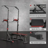 HOMCOM Estação de Musculação Dobrável com Barra de Elevações, Altura Ajustável e Banco Reclinável, Preto e Vermelho(m-7)