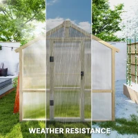 Outsunny 6.6 x 6ft Polycarbonate Greenhouse, Walk-in Wooden Greenhouse with Lockable Door and Window, Garden Plants Grow House, Brown(m-19)