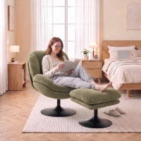 HOMCOM Modern Chenille Lazy Chair with Ottoman, 360° Swivel, Upholstered Reading Seat Set for Living Room, Dark Green(m-9)