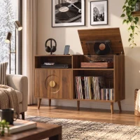 HOMCOM Record Player Stand, Vinyl Record Holder with Storage Holds Up to 300 Albums with Flip-Top Compartment, Walnut(m-8)
