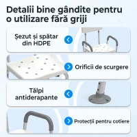 HOMCOM Scaun de duș reglabil pe înălțime, cu brațe și pernă detașabilă, 53.5x52x80-90 cm, alb(m-5)