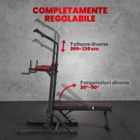 HOMCOM Power Tower Pieghevole con Panca Piana Regolabile, Rack Palestra Multifunzione con Barre per Dip e Trazioni, Altezza Regolabile 7 Livelli, in Acciaio, Allenamento Fitness Casa Palestra, Rosso(m-5)