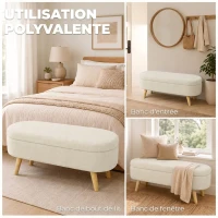 HOMCOM Banc Banquette, Bout de Lit, Coffre de Rangement 2 en 1 en Tissu avec Pieds en Bois, 110L x 40P x 43H cm, Crème(m-6)