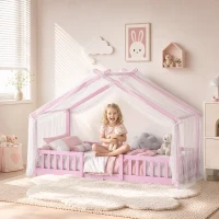 AIYAPLAY Wooden Kids House Single Bed Frame, Solid Pine Wood Toddler Bed with Dual Guardrails for Children, Boys, Girls, Pink(m-2)