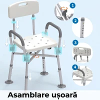 HOMCOM Scaun de duș reglabil pe înălțime, cu brațe și pernă detașabilă, 53.5x52x80-90 cm, alb(m-7)