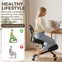HOMCOM Chaise à Genoux Ergonomique avec Dossier, Siège Assis Genoux Réglable en PU sur Roulettes, Noir(m-8)
