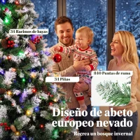 HOMCOM Árbol de Navidad Nevado 180 cm con 250 LED 11 Modos Mando a Distancia 840 Puntas 34 Piñas y 34 Bayas Verde(m-6)