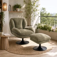 HOMCOM Modern Chenille Lazy Chair with Ottoman, 360° Swivel, Upholstered Reading Seat Set for Living Room, Dark Green(m-8)