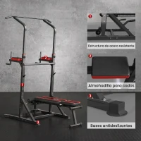 HOMCOM Estación de Musculación Plegable Altura Ajustable con Barra de Dominadas Banco Reclinable para Gimnasio Negro y Rojo(m-7)