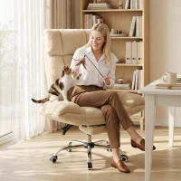 HOMCOM Chaise Bureau Ergonomique avec Accoudoirs Rabattables 5 Niveaux, Fauteuil de Bureau Inclinable en Tissu Teddy, Crème(m-10)
