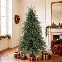 HOMCOM 6ft Artificial Christmas Tree with Pinecones, Red Berries, Hinged Predecorated Xmas Tree with 2843 Branch Tips(m-2)