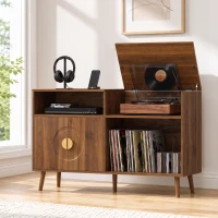 HOMCOM Record Player Stand, Vinyl Record Holder with Storage Holds Up to 300 Albums with Flip-Top Compartment, Walnut(m-14)