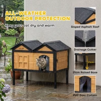 PawHut Wooden Cat House Outdoor Indoor with Weatherproof Asphalt Roof, Side Cleaning Door, PVC Curtain(m-5)