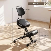 HOMCOM Chaise à Genoux Ergonomique avec Dossier, Siège Assis Genoux Réglable en PU sur Roulettes, Noir(m-3)