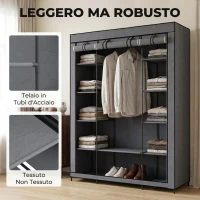 HOMCOM Armadio in Tessuto Salvaspazio con Barra Appendiabiti e 11 Ripiani, 135x45x175 cm, Grigio(m-7)