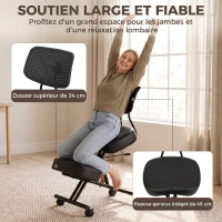 HOMCOM Chaise à Genoux Ergonomique avec Dossier, Siège Assis Genoux Réglable en PU sur Roulettes, Noir(m-5)