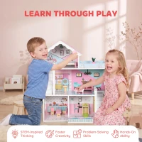 AIYAPLAY Wooden Dolls House, Large 3-Storey Modern Dollhouse with 10 Accessories, Pretend Play Toy Gift for Ages 3-6 Years, Pink(m-6)
