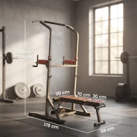HOMCOM Power Tower Pieghevole con Panca Piana Regolabile, Rack Palestra Multifunzione con Barre per Dip e Trazioni, Altezza Regolabile 7 Livelli, in Acciaio, Allenamento Fitness Casa Palestra, Rosso(m-3)