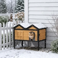 PawHut Wooden Cat House Outdoor Indoor with Weatherproof Asphalt Roof, Side Cleaning Door, PVC Curtain(m-2)