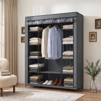 HOMCOM Armario de Tela Salvaspacio con Barra para Colgar y 11 Estantes, 135x45x175 cm, para Dormitorio, Gris(m-6)