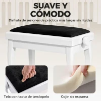 HOMCOM Banco de Piano Altura Ajustable 45-56 cm Banqueta de Piano con Asiento Terciopelo Patas de Madera Carga 120 kg Blanco(m-6)