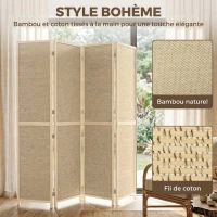 HOMCOM Paravent Interieur en Bambou 4 Panneaux 180x180cm, Séparateur de Pièce Pliable et Portable, Style Bohème, Bois Naturel(m-4)