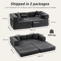 HOMCOM Divano Letto 2 Posti Pieghevole in Ciniglia con 2 Cuscini, Braccioli Larghi, Nessun Montaggio, Grigio Scuro(m-3)