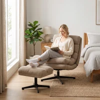 HOMCOM Fauteuil de Salon avec Repose-Pied Réglable, Rotation 360°, Fauteuil d'Appoint Capitonné en Lin, Assise Large, Marron(m-10)