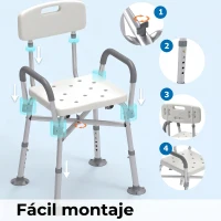 HOMCOM Silla Ducha Personas Mayores con Respaldo Reposabrazos Altura Ajustable Cojín Acolchado Extraíble Carga 136 kg Gris(m-7)