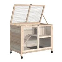 PawHut Cage à lapin clapier sur roulettes petit enclos animaux en bois massif 2 étages toit ouvrant plates-formes 91,5 x 53,3 x 73 cm bois naturel(m-9)