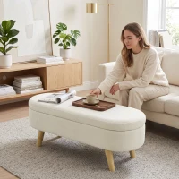 HOMCOM Bancă, Banchetă, Capăt de Pat, Spațiu de Depozitare 2 în 1 din Țesătură cu Picioare din Lemn, 110l x 40P x 43H cm, Crem(m-4)
