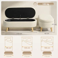 HOMCOM Bancă, Banchetă, Capăt de Pat, Spațiu de Depozitare 2 în 1 din Țesătură cu Picioare din Lemn, 110l x 40P x 43H cm, Crem(m-3)