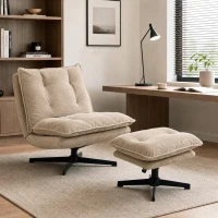 HOMCOM Sillón lounge con reposapiés, giratorio 360°, tapizado de pana, reposapiés regulable en altura, Beige(m-2)