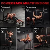 HOMCOM Power Tower Pieghevole con Panca Piana Regolabile, Rack Palestra Multifunzione con Barre per Dip e Trazioni, Altezza Regolabile 7 Livelli, in Acciaio, Allenamento Fitness Casa Palestra, Rosso(m-4)