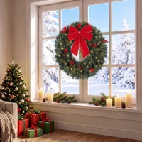 HOMCOM Kerstkrans 60 cm, deurkrans in Crestwood-sparrenlook met strik, 50 leds, 140 takpunten, 8 lichtstanden(m-9)