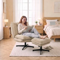 HOMCOM Sillón lounge con reposapiés, giratorio 360°, tapizado de pana, reposapiés regulable en altura, Beige(m-4)